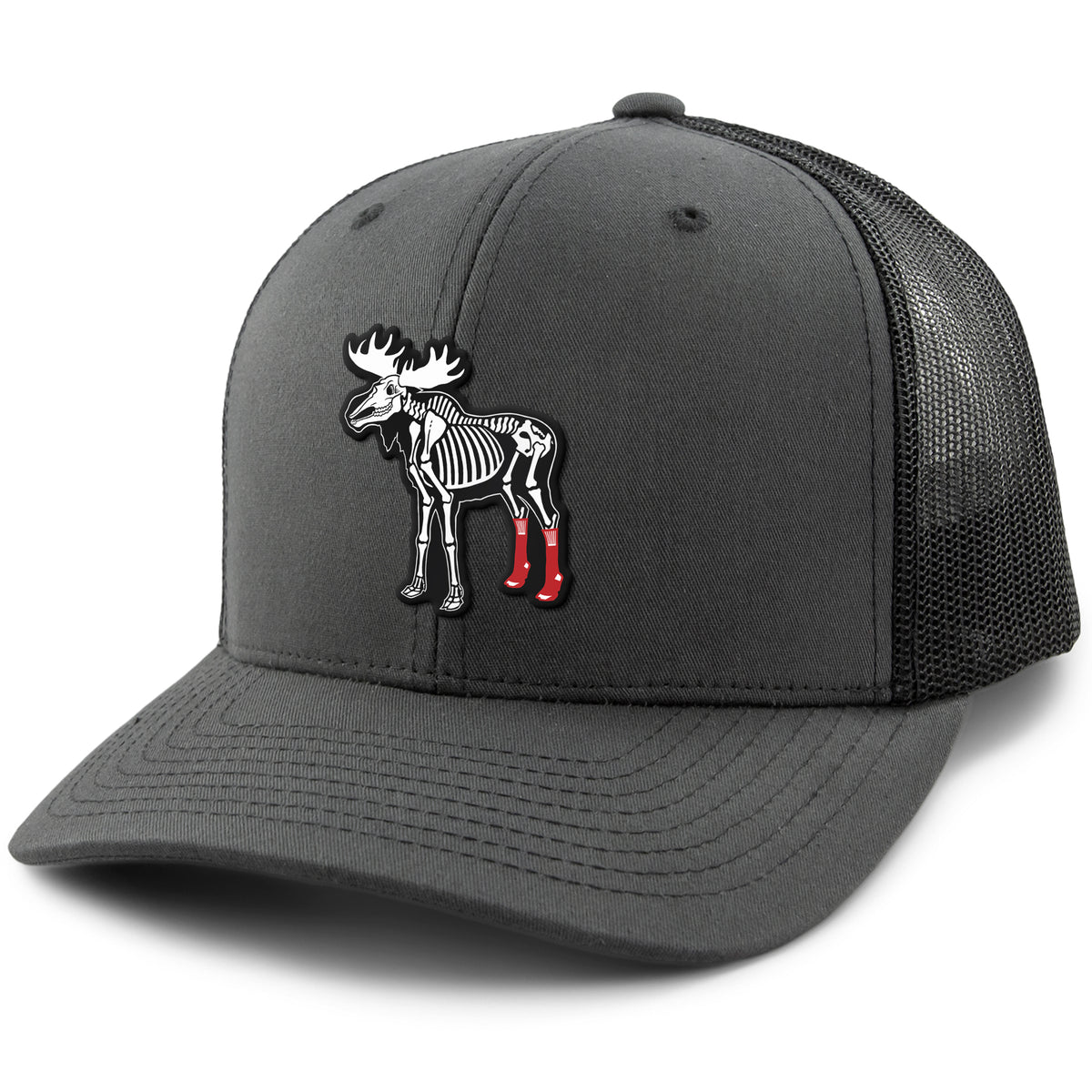 Charcoal snapback trucker hat with Moose Skeleton With Socks Halloween patch on front