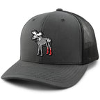 Charcoal snapback trucker hat with Moose Skeleton With Socks Halloween patch on front