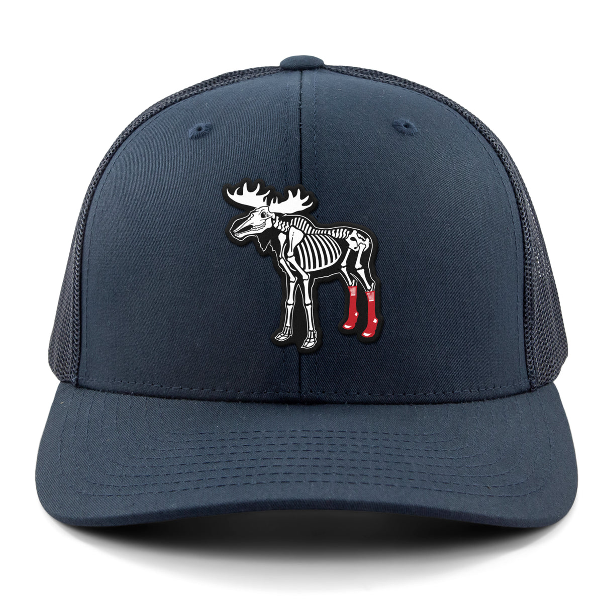 Moose Skeleton With Socks patch detail on snapback trucker hat