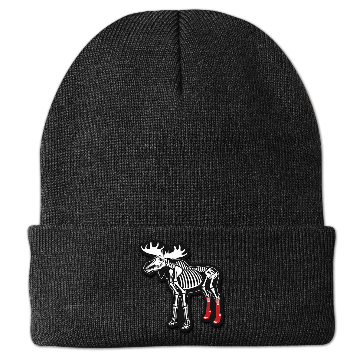 Charcoal cuff knit beanie with Moose Skeleton With Socks Halloween emblem