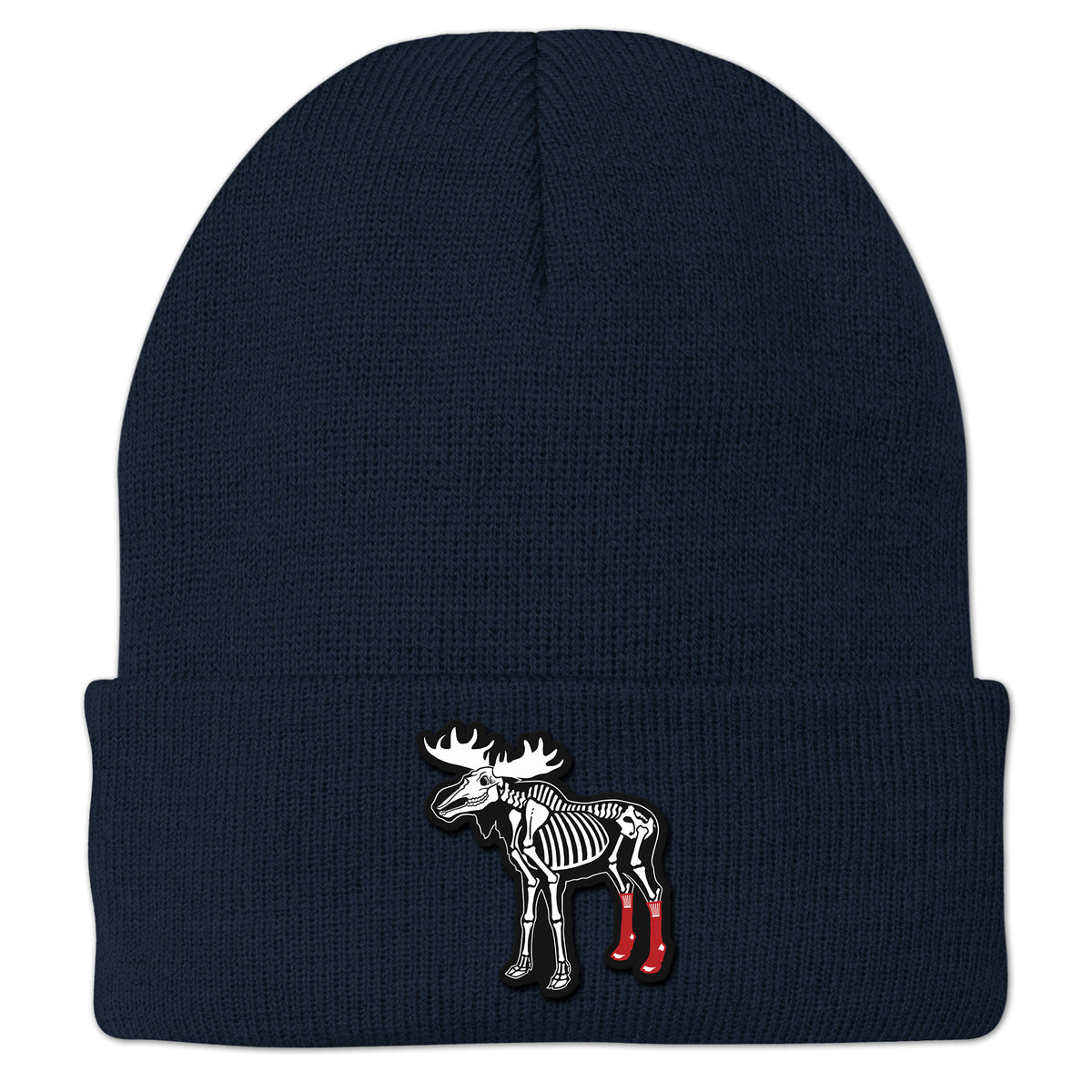 Navy cuff knit beanie with Moose Skeleton With Socks Halloween emblem
