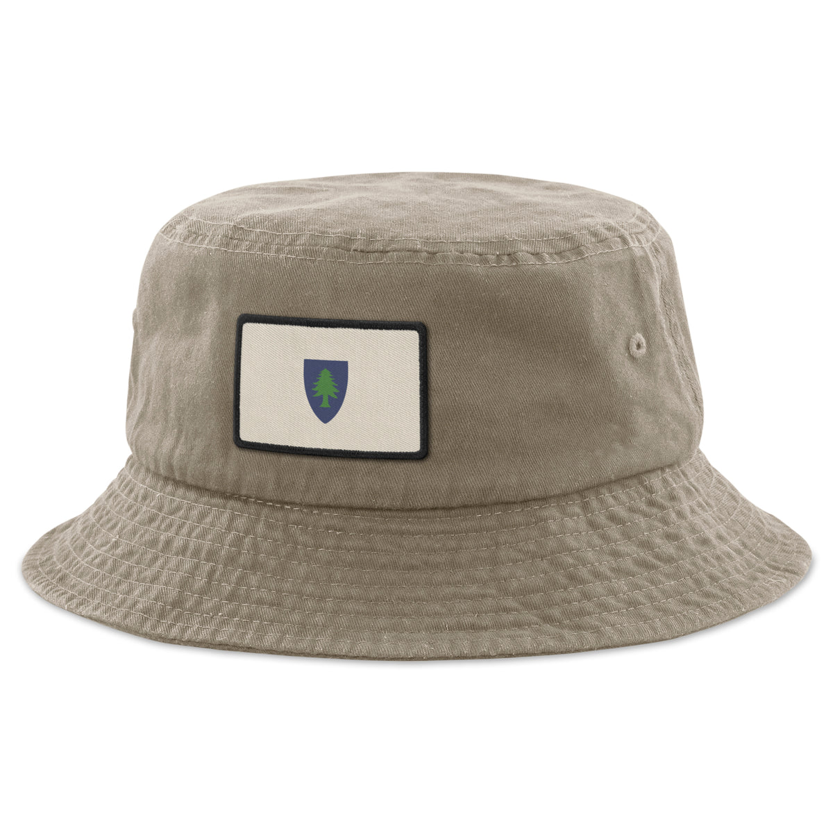 Khaki bucket hat with Vintage Massachusetts Flag printed leather patch