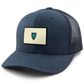 Navy snapback trucker hat with Vintage Massachusetts Flag printed leather patch