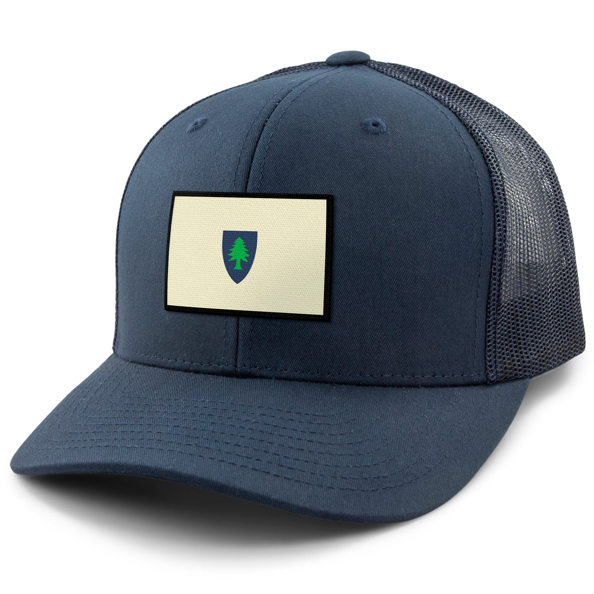 Navy snapback trucker hat with Vintage Massachusetts Flag printed leather patch