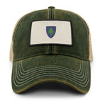 Navy dirty water trucker hat with Vintage Massachusetts Flag printed leather patch
