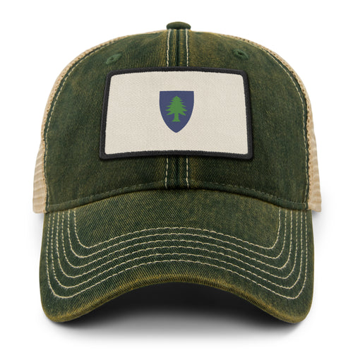 Navy dirty water trucker hat with Vintage Massachusetts Flag printed leather patch