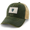 Dark Green dirty water trucker hat with Vintage Massachusetts Flag printed leather patch