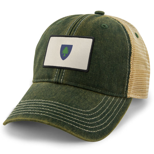 Dark Green dirty water trucker hat with Vintage Massachusetts Flag printed leather patch