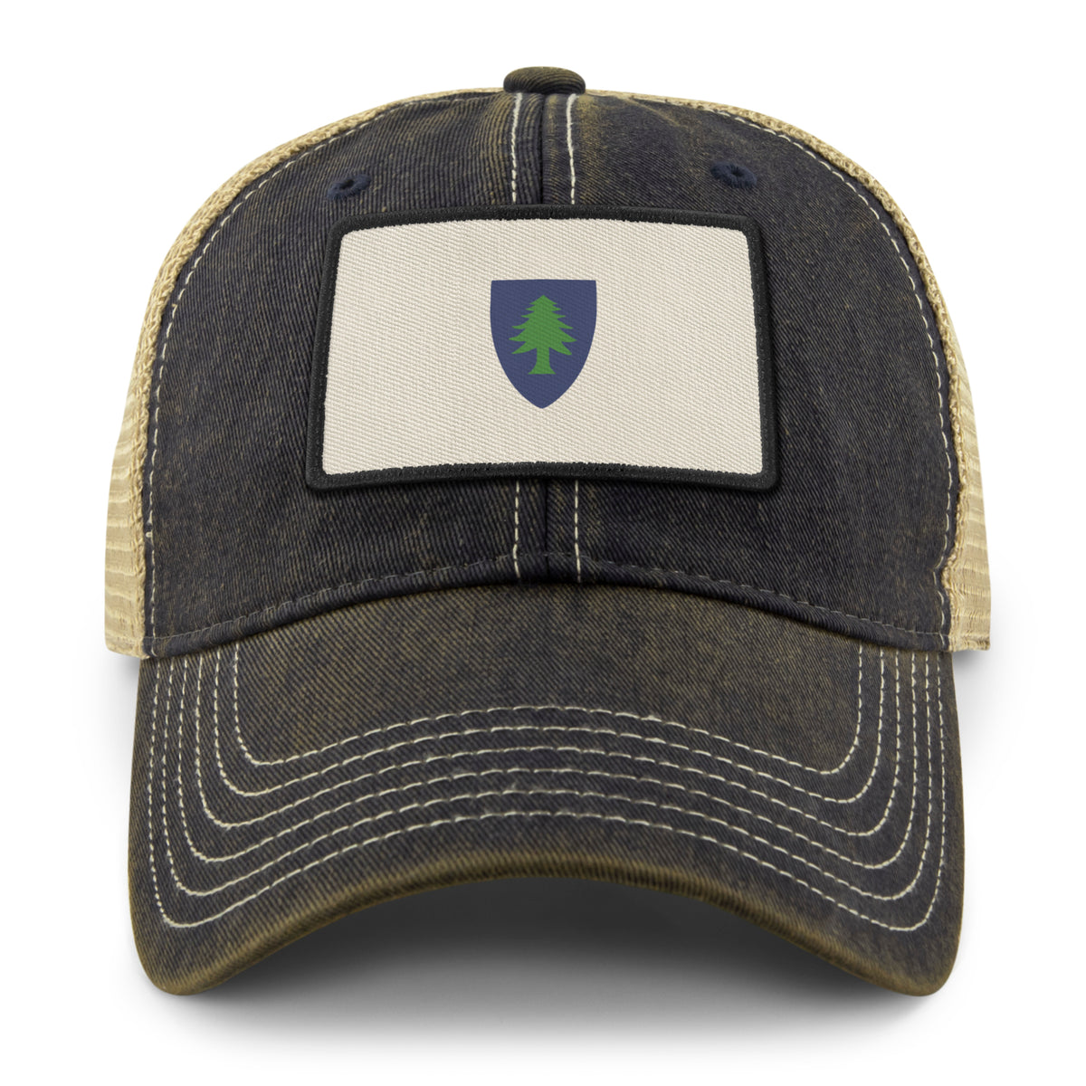 Vintage Massachusetts Flag leather patch detail on dirty water trucker