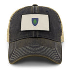 Vintage Massachusetts Flag leather patch detail on dirty water trucker