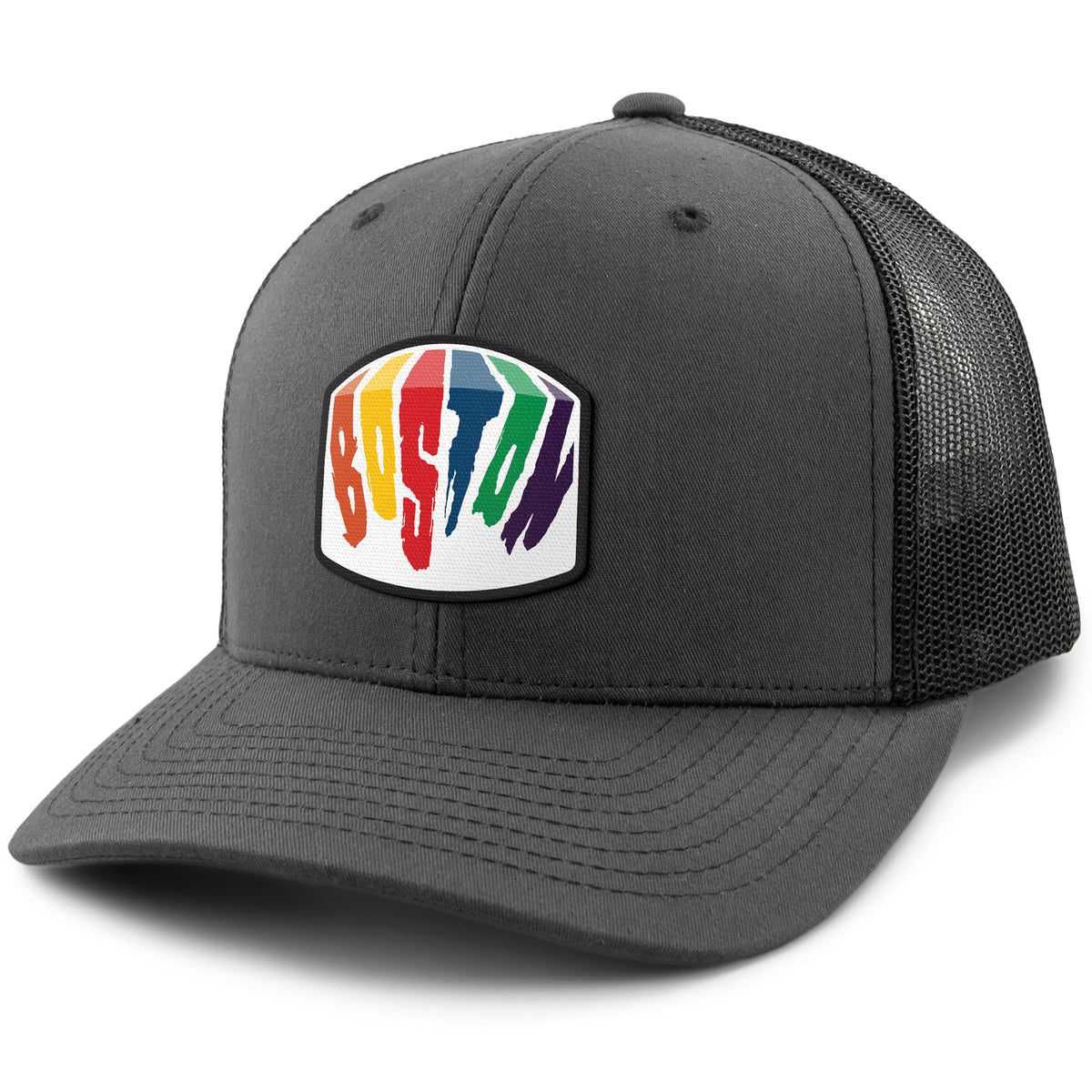 Charcoal snapback trucker hat with Boston Rainbow Paint printed leather patch
