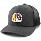 Charcoal snapback trucker hat with Boston Rainbow Paint printed leather patch