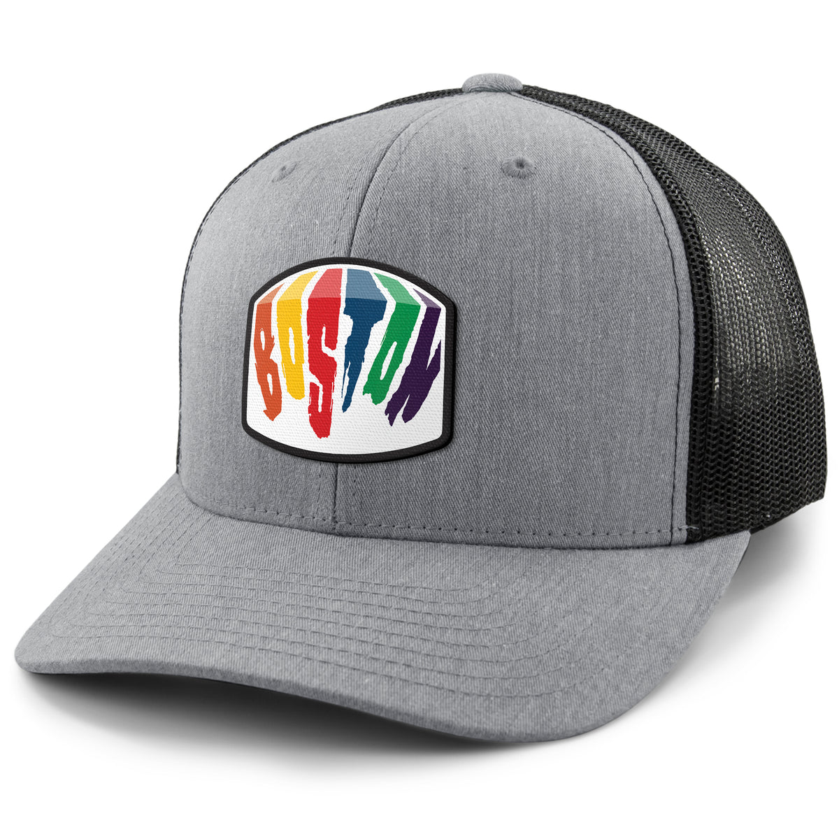 Gray snapback trucker hat with Boston Rainbow Paint printed leather patch