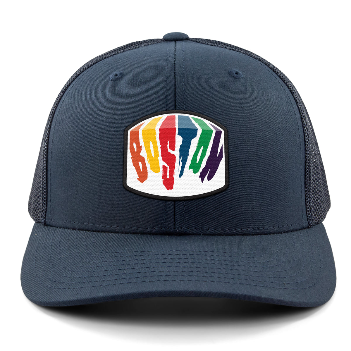 Boston Rainbow Paint leather patch detail on snapback trucker