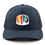 Boston Rainbow Paint leather patch detail on snapback trucker