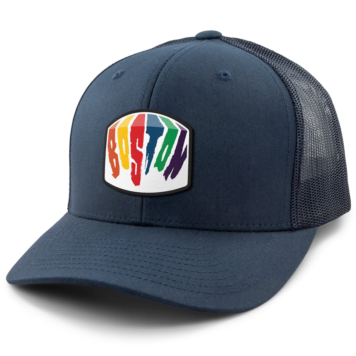 Side view of Boston Rainbow Paint snapback trucker hat