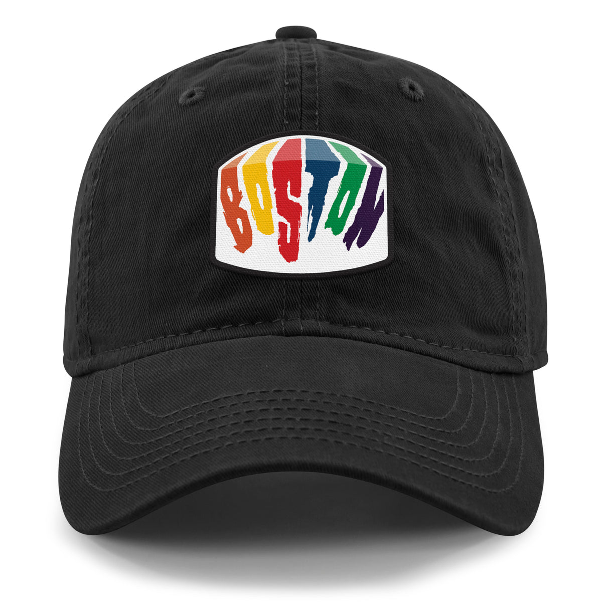 Dark Green dad hat with Boston Rainbow Paint printed leather patch