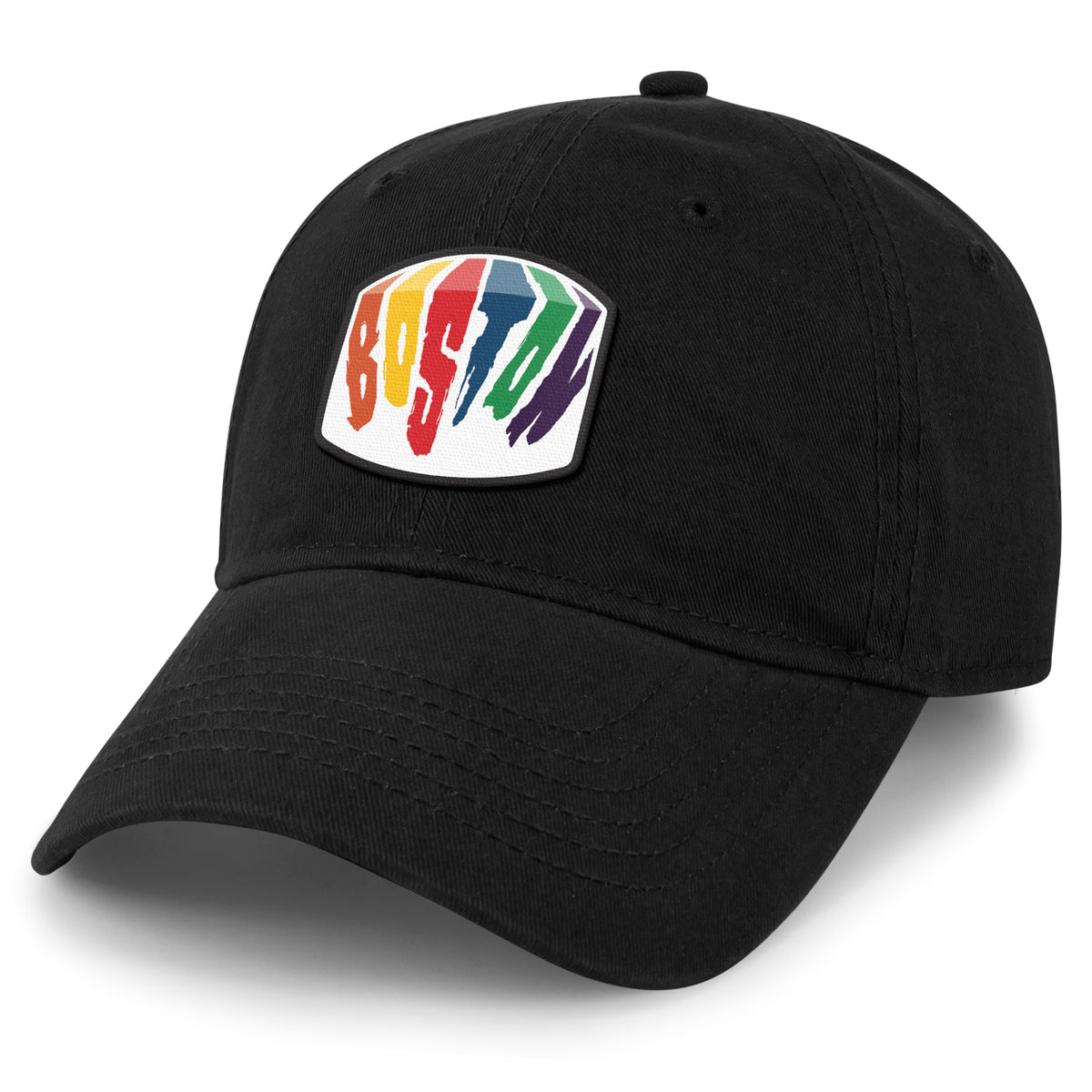 White dad hat with Boston Rainbow Paint printed leather patch