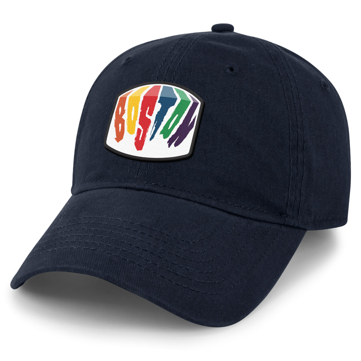 Navy dad hat with Boston Rainbow Paint printed leather patch