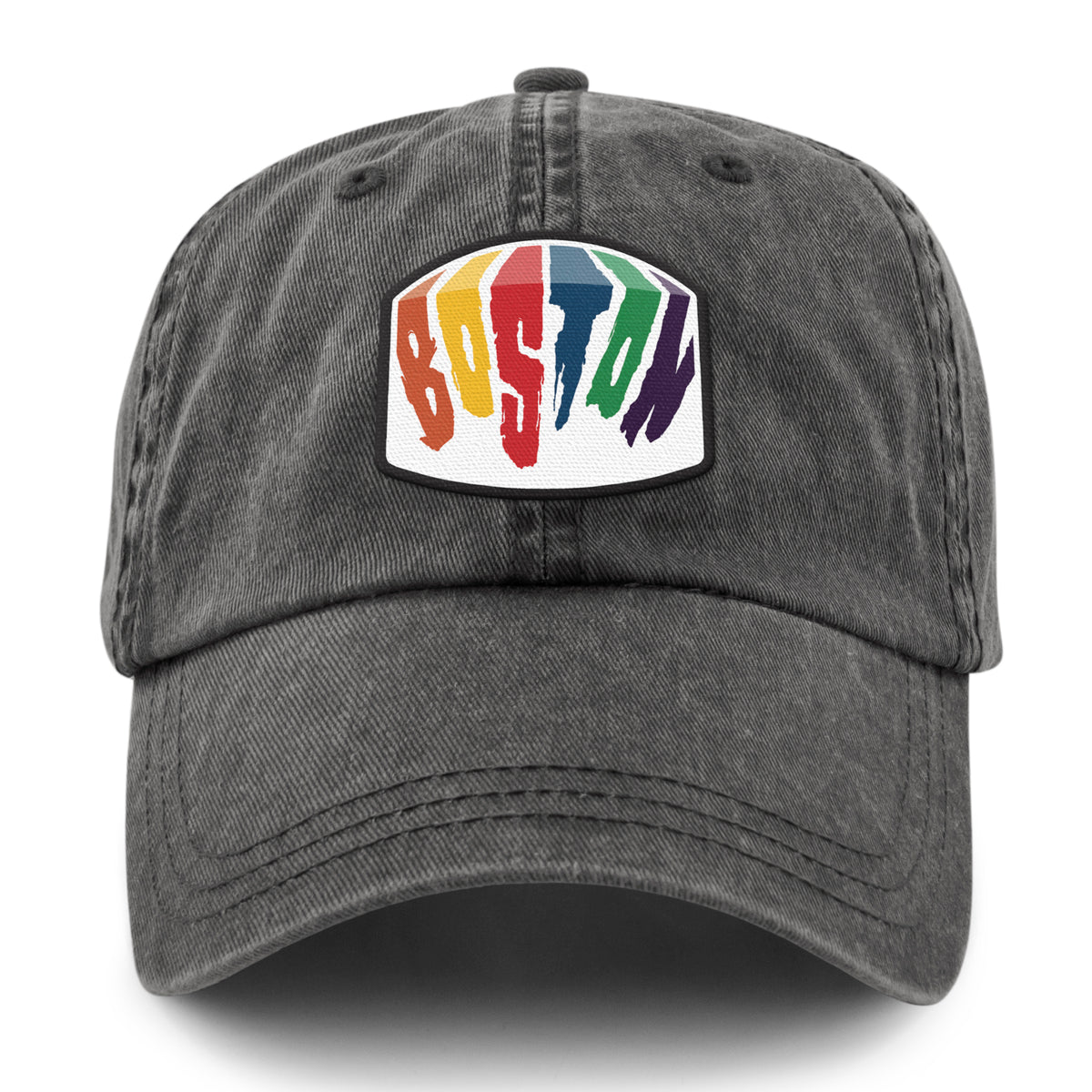 Dark Green washed dad hat with Boston Rainbow Paint printed leather patch