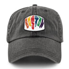 Dark Green washed dad hat with Boston Rainbow Paint printed leather patch
