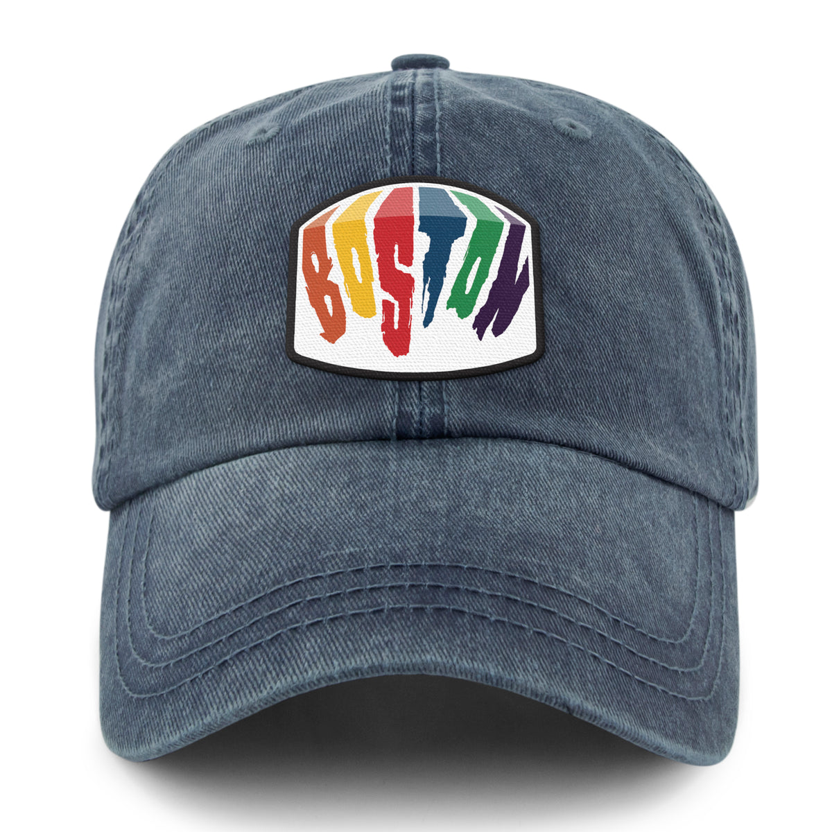 Back view of Boston Rainbow Paint washed dad hat with adjustable strap