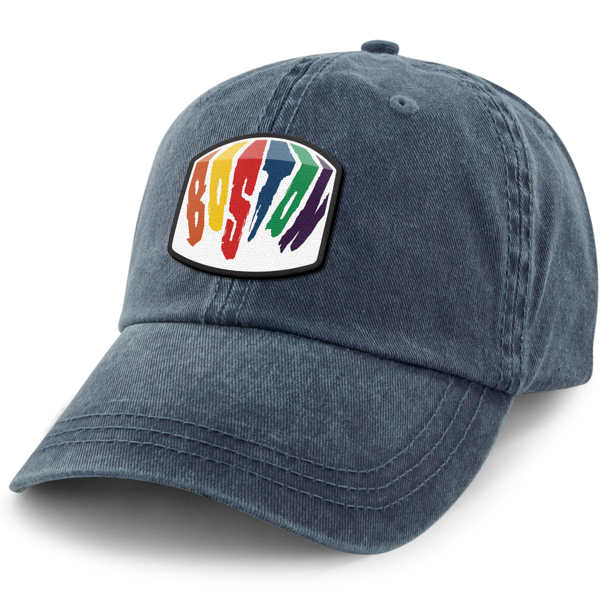 Top-down view of Boston Rainbow Paint washed dad hat