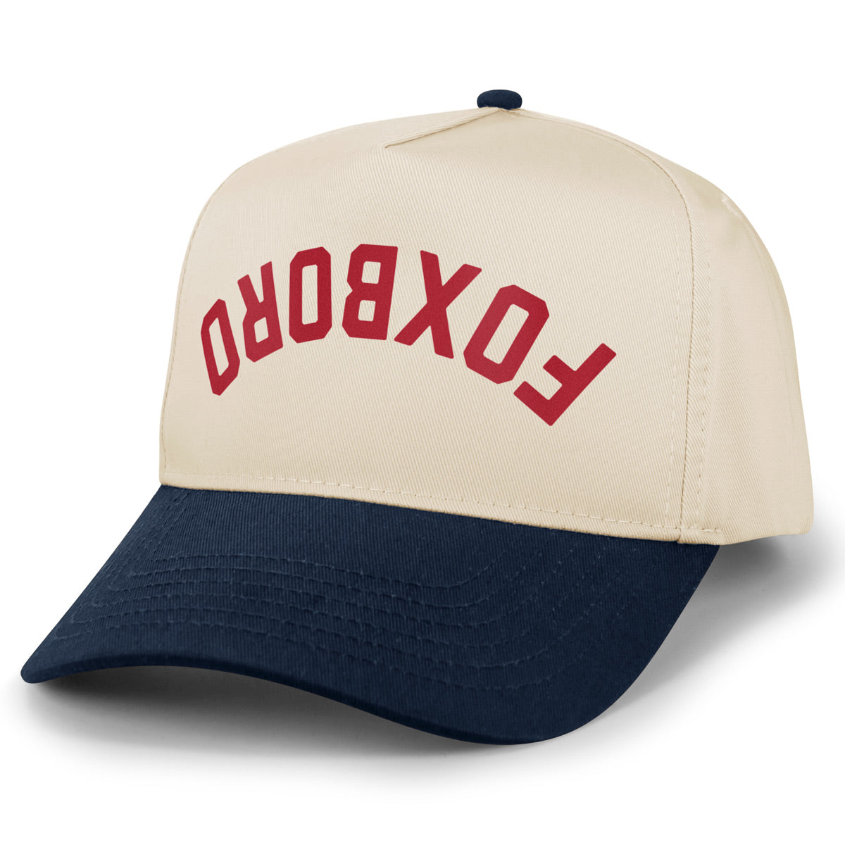 Navy/Stone retro snapback trucker with Foxboro Upside Down Arch printed leather patch