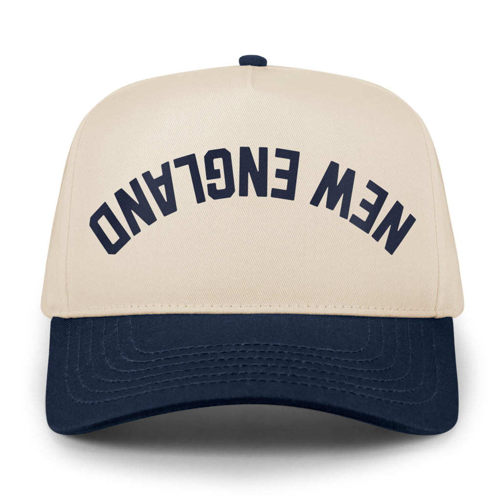 New England Upside Down Arch leather patch detail on retro snapback