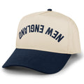 Navy/Stone retro snapback trucker with New England Upside Down Arch printed leather patch