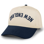 Navy/Stone retro snapback trucker with New England Upside Down Arch printed leather patch