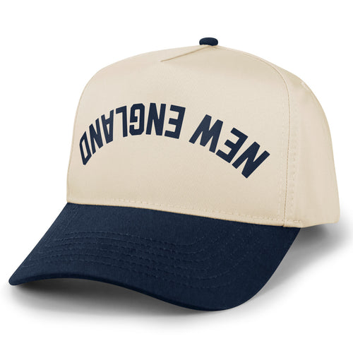 Navy/Stone retro snapback trucker with New England Upside Down Arch printed leather patch
