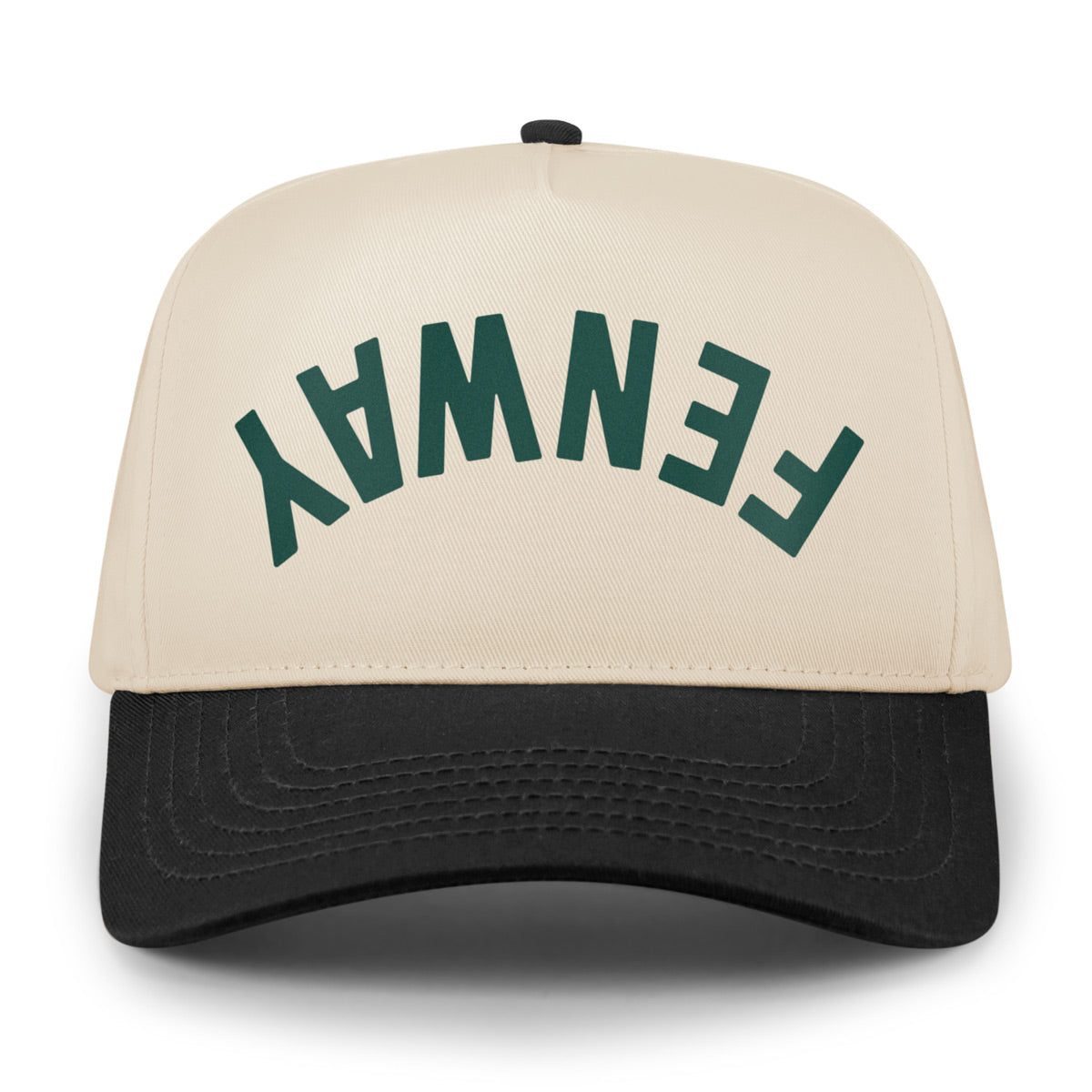 Green/White retro snapback trucker with Fenway Upside Down Arch printed leather patch