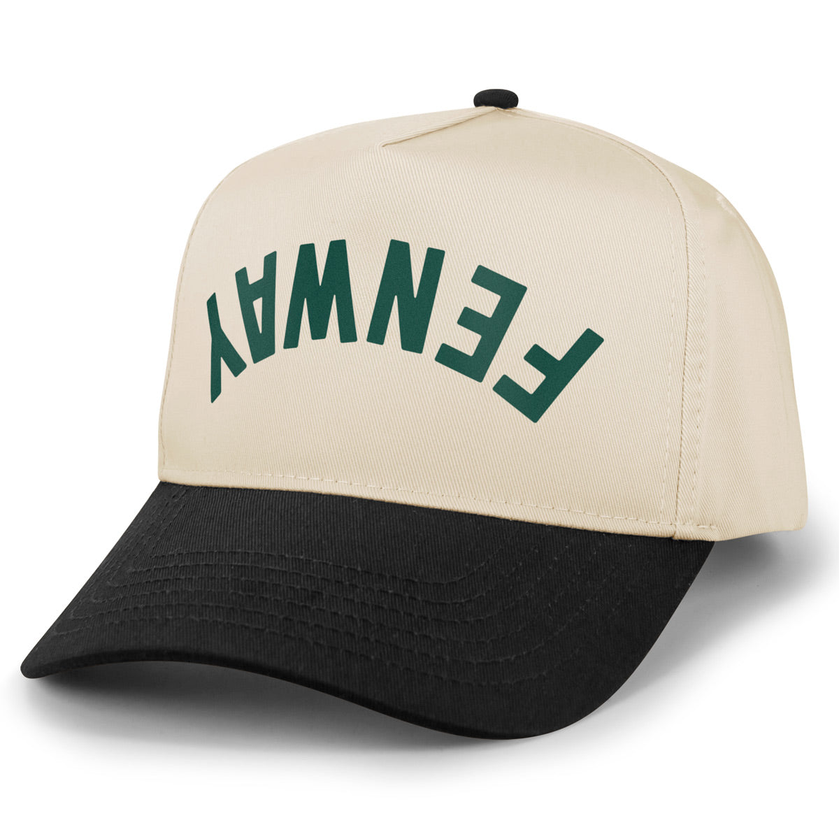 Black/Stone retro snapback trucker with Fenway Upside Down Arch printed leather patch