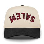 Front view of Salem Upside Down Arch Retro Snapback Hat in Black/Stone