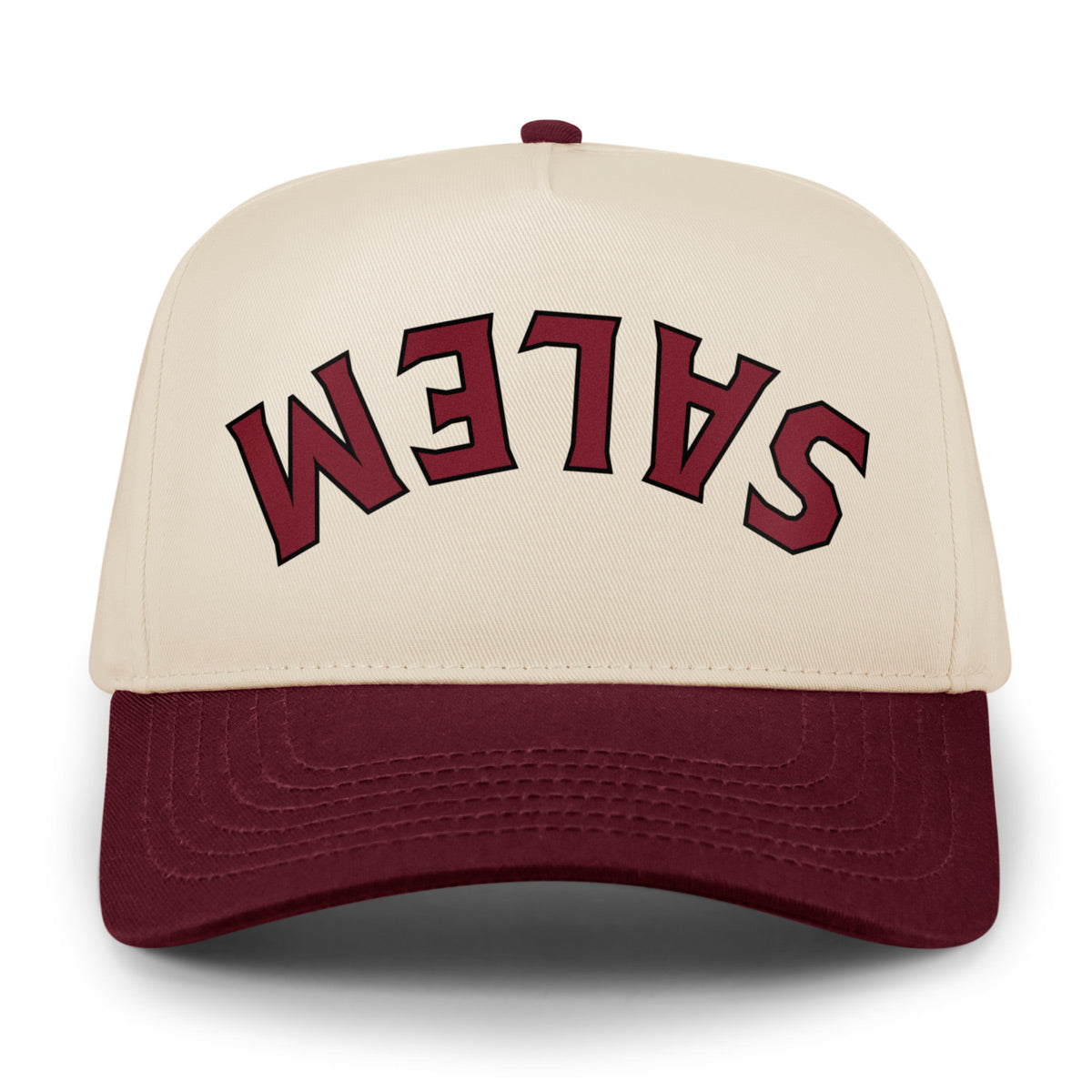 Front view of Salem Upside Down Arch Retro Snapback Hat in Maroon/Stone