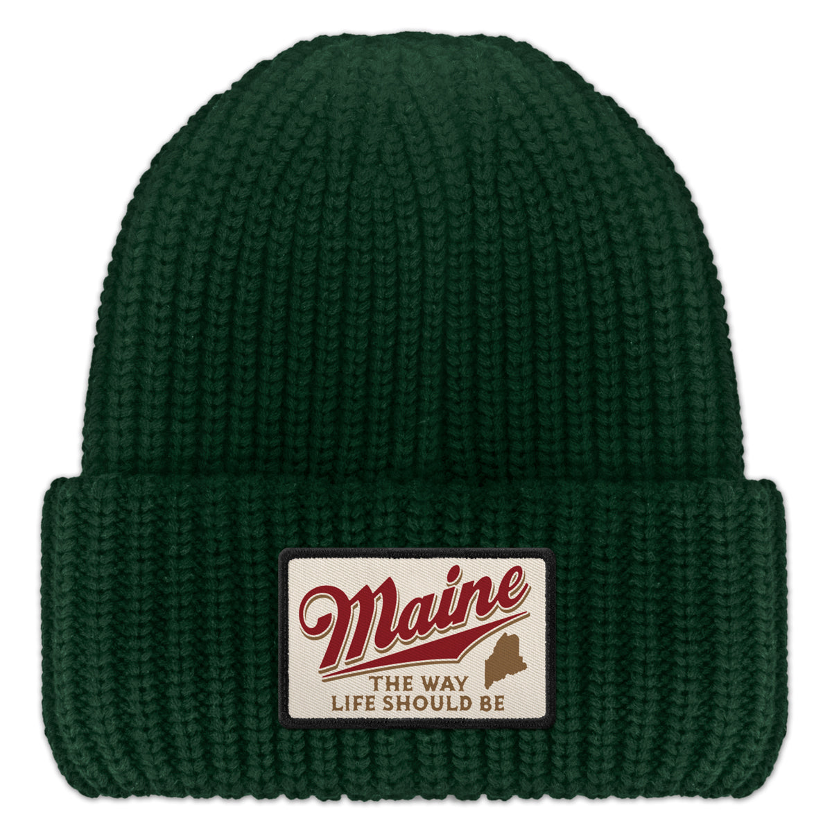 Front of dark green chunky knit hat with folded cuff and Maine The Way Life Should Be patch