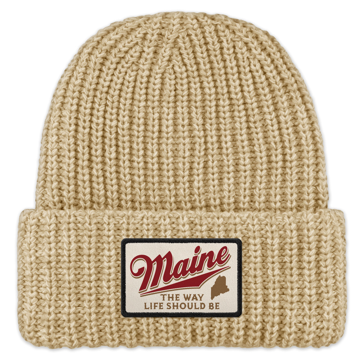 Front of oatmeal chunky knit hat with folded cuff and Maine The Way Life Should Be patch