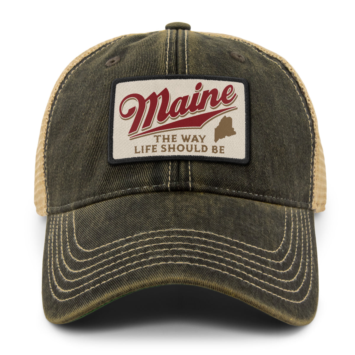 Front view of the Black Maine trucker hat with red Maine script, a state silhouette, and contrast brim stitching