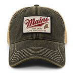Front view of the Black Maine trucker hat with red Maine script, a state silhouette, and contrast brim stitching