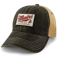 Black Dirty Water Trucker Hat with tan mesh and a cream Maine The Way Life Should Be patch, angled front view