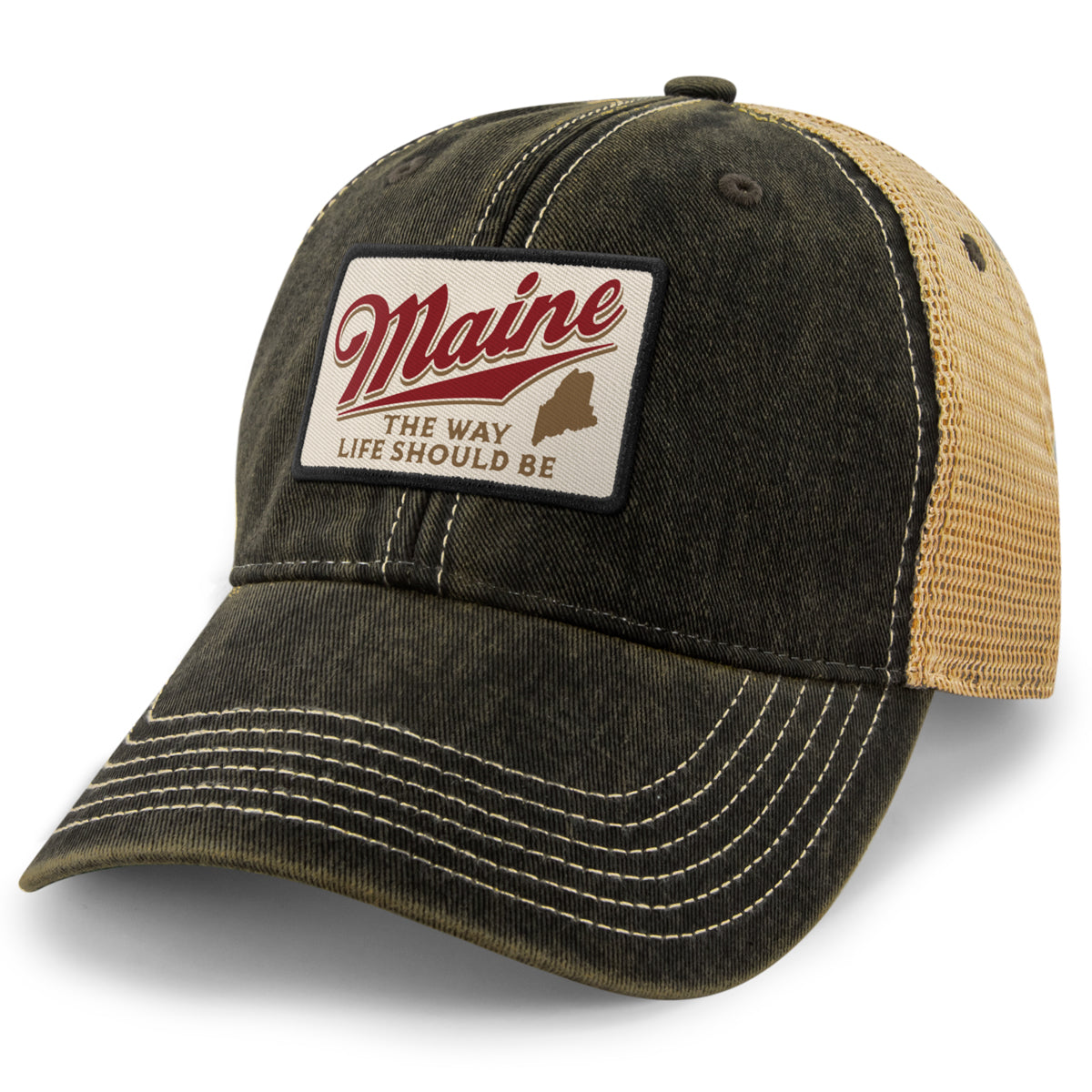 Black Dirty Water Trucker Hat with tan mesh and a cream Maine The Way Life Should Be patch, angled front view