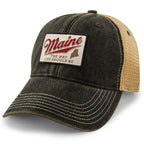 Black Dirty Water Trucker Hat with tan mesh and a cream Maine The Way Life Should Be patch, angled front view