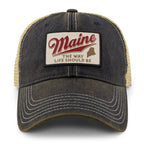 Front view of the Navy Maine trucker hat with red Maine script, a state silhouette, and contrast brim stitching