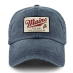 Front of navy washed dad hat with Maine The Way Life Should Be patch