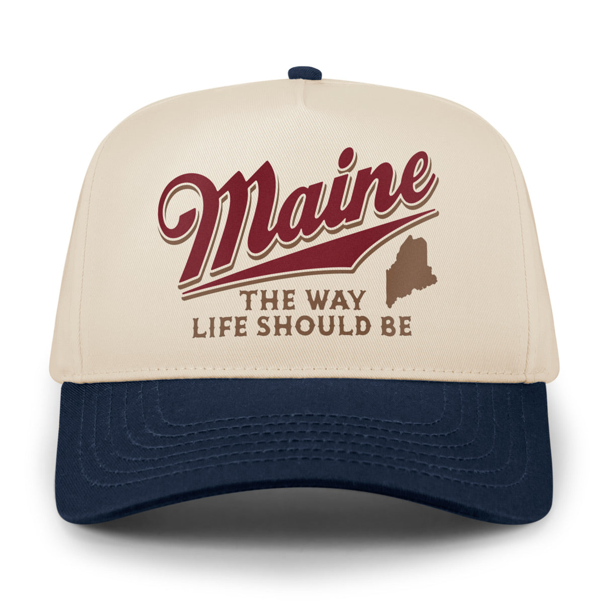 Front of stone retro snapback with navy brim, red Maine script and brown state silhouette