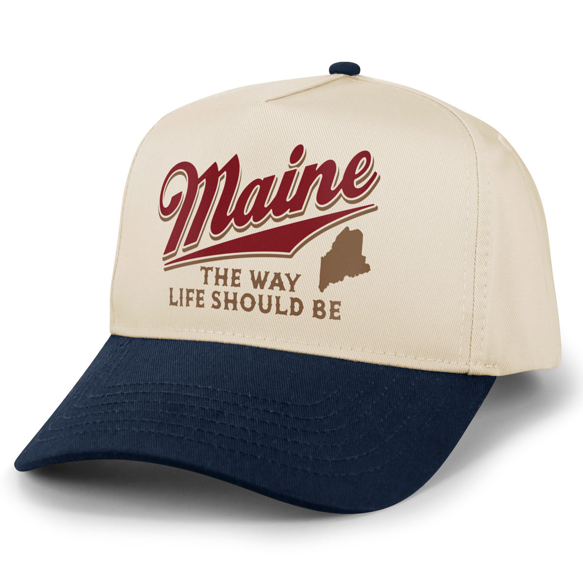 Angled view of stone retro snapback with navy brim and Maine The Way Life Should Be design