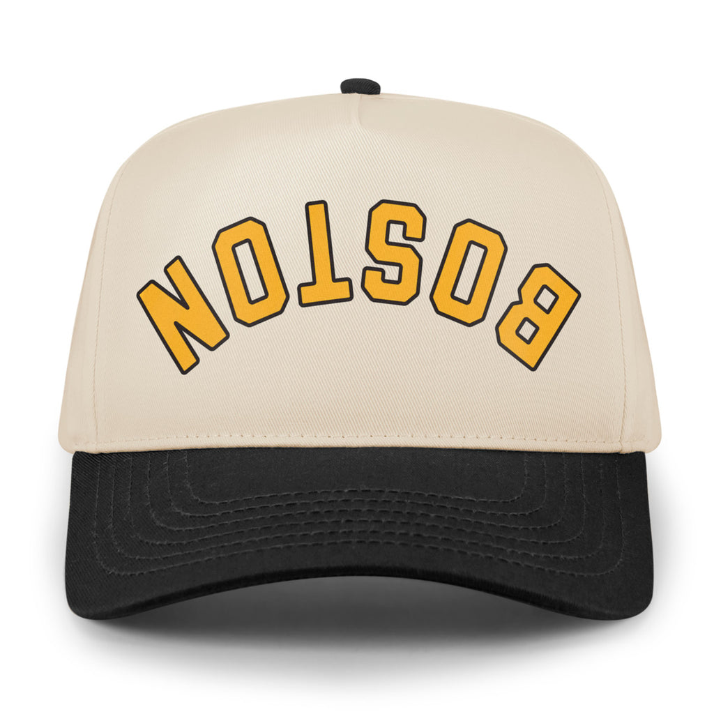 Front view of the Boston hockey retro snapback hat with a stone crown, black brim and upside-down gold lettering