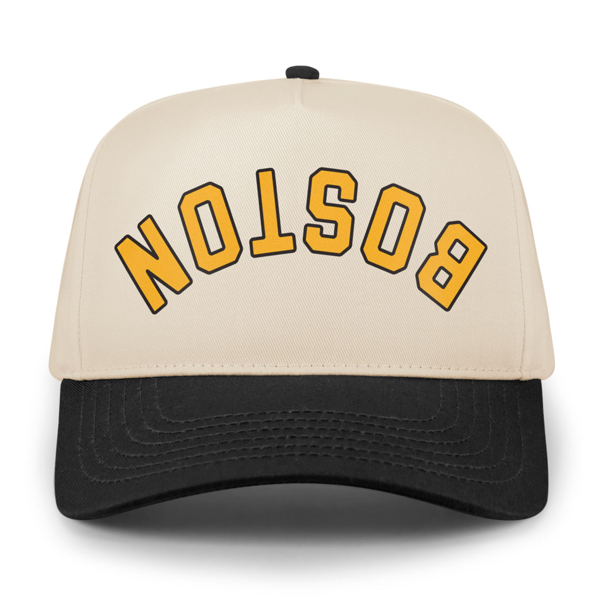 Front view of the Boston hockey retro snapback hat with a stone crown, black brim and upside-down gold lettering