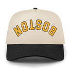 Front view of the Boston hockey retro snapback hat with a stone crown, black brim and upside-down gold lettering